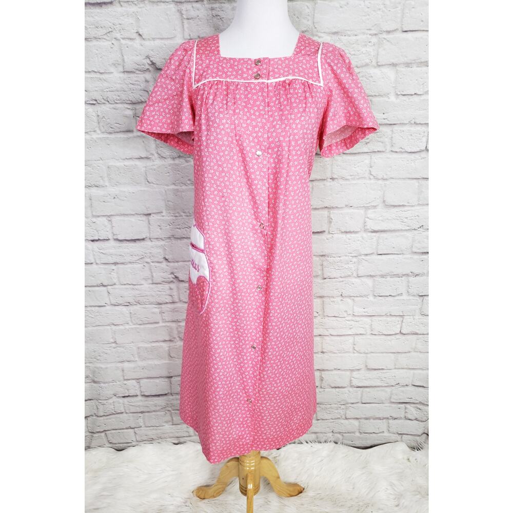 VTG Pink White Floral House Day Dress Pearl Snap Front Short Sleeve Pocket Sz S
